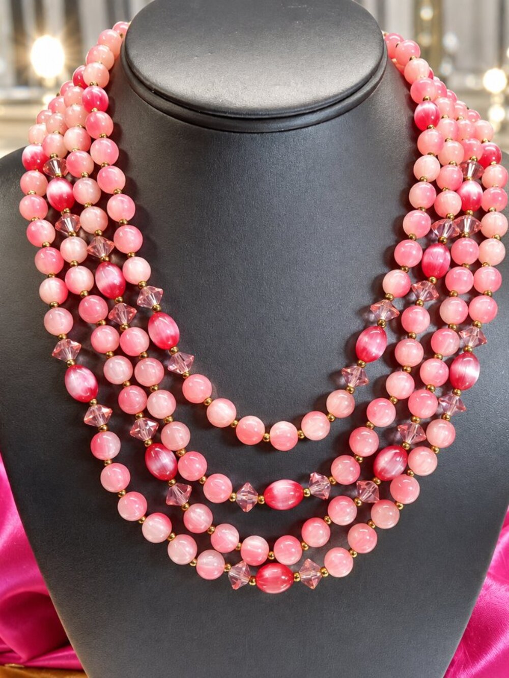 1960s Signed LISNER Vintage Necklace 4 Strands Pink Moonstone Lucite w Crystals